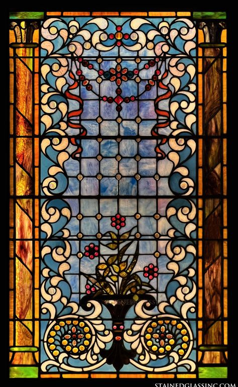 "Columns and floral vase" Stained Glass Window Stained Glass Vintage Window, Stained Glass Floral Patterns, Floral Stained Glass Windows, Stained Glass Border, Stained Glass Color Palette, Stained Glass Wallpaper, Stylized Background, Stained Glass Background, Wolverine Artwork