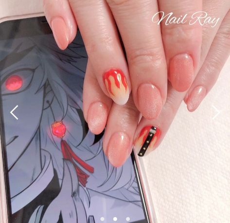 Rengoku Inspired Nails, Rengoku Nail Art, Rengoku Nails, Anime Inspired Nails, Rengoku Kyojuro, Anime Nails, Kool Kids, Kawaii Nails, Minimalist Nails