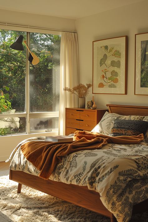 Mid-Century Modern Bedding Ideas - Quiet Minimal Interior Design Calming, Small Bedroom Ideas Mid Century Modern, Midcentury Modern Small Bedroom, Minimal Retro Bedroom, Mexican Interior Design Bedroom, Seventies Bedroom, Retro House Aesthetic, Bedroom Ideas Wooden Bed, Bedroom Ideas Mid Century