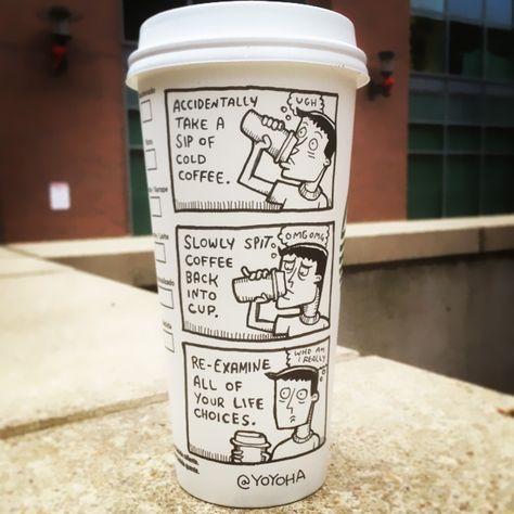 Comic Photo, Starbucks Cup Art, Draw Cartoons, Bad Coffee, Coffee Cup Art, Drawing Comics, Ads Creative Advertising Ideas, Party Food Buffet, Bus Tour