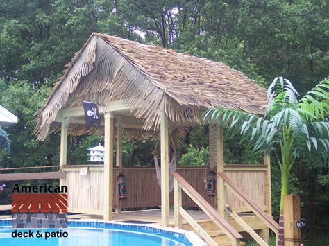 Harford County, MD - Tiki Hut Pool House!!. Synthetic thatch prongs are the roof shingles. Bamboo roll is the railing. Above Ground Pool Inground, Pool Hut, Awesome Pools, Open Gazebo, Large Gazebo, Hot Tub Gazebo, Ultimate Backyard, Pool Stuff, Ground Pools