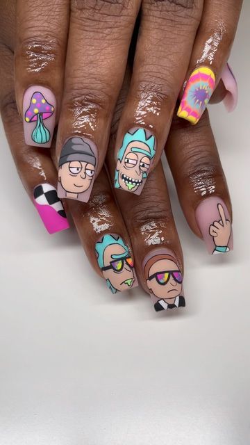 Annick Nicole on Instagram: "Rick and Morty ✨ . #glamdbyannick #blacknailtech #explore #explorepage #acrylicnails #bombnails #longnails #htxlashes #atlnails #lanails #houstonnails #htxnails #htxnailtech #nycnails #handpaintednails #miaminails #abstractnails #thingstodoinhouston #houstonhotspots #nails #nailsoftheday #cartoonnails #rickandmorty" Rick And Morty Nail Designs, Character Nails Designs, Rick And Morty Nails Acrylic, Rick And Morty Nail Art, Portrait Nail Art, Rick And Morty Nails, Drawing On Nails, Comic Nail Art, Funny Nails