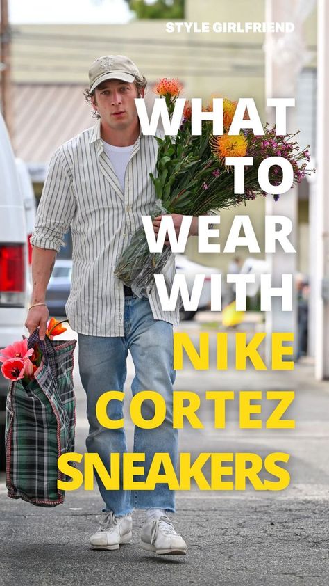 actor Jeremy Allen White wearing a striped shirt with jeans and white sneakers, holding a large bunch of flowers and a plaid bag. text on-screen reads: what to wear with nike cortez sneakers (Style Girlfriend) Nike Cortez Outfit, Nike Outfits Men, Nike Cortez Black, Nike Cortez White, Cortez Sneakers, Style Girlfriend, Allen White, Jeremy Allen White, Outfits For Men