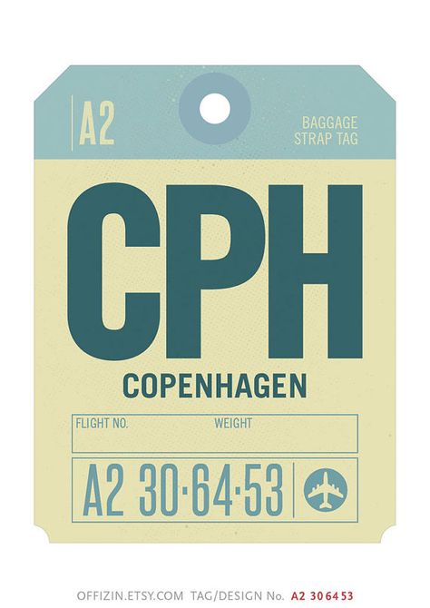 Copenhagen Denmark CPH. Baggage Tag Poster. Luggage Tag by offizin Tag Graphic Design, Travel Care Package, Danish Living, Luggage Design, Vintage Luggage Tags, Airport Luggage, Airport Codes, Vintage Airline Posters, Baggage Tag