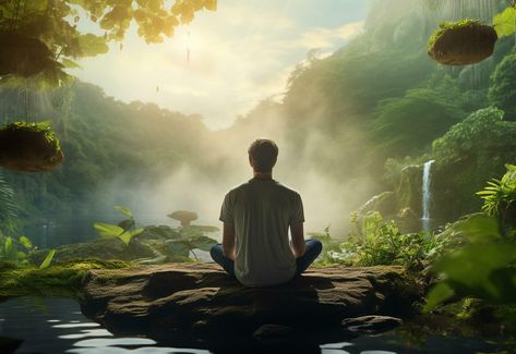 ai generative photo of a man practicing mindfulness and meditation in a peaceful natural environment sony A7s realistic image, ultra hd, high design very detailed Meditation Pictures, Yoga Background, Sony A7s, Meditation Photos, Practicing Mindfulness, Hanuman Hd Wallpaper, Nature Hd, Divine Timing, Feeling Pictures