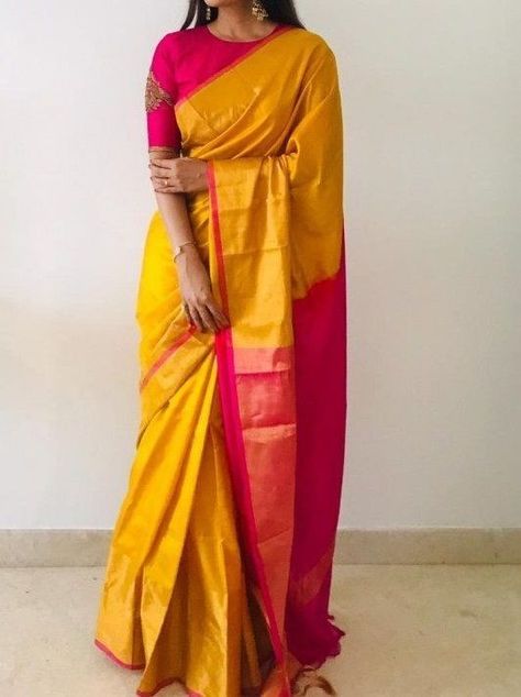 Yellow And Pink Silk Saree, Yellow With Pink Silk Saree, Yellow Saree Pink Blouse Designs, Uppada Saree Blouse Designs, Yellow Kanjivaram Saree Silk, Yellow Silk Saree Wedding, Pink Yellow Saree, Yellow Pink Saree, Yellow And Pink Saree