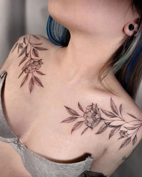 Floral Clavicle Tattoo, Collarbone Floral Tattoo, Botanical Chest Tattoo, Chest Flower Tattoo, Floral Chest Tattoo Female, Flower Collar Bone Tattoo, Clavical Tattoos Women, Mj Tattoo, Collar Tattoo