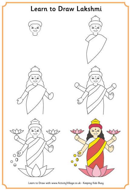 Learn to draw Lakshmi, Hindu goddess of prosperity Diwali Drawings, How To Draw Fireworks, Kids Drawing Ideas, Diwali Drawing, God Drawing, Fireworks Craft, Diwali Card, Ganesha Drawing, Diwali Pictures