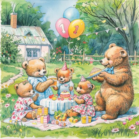 Illustration of Bear Family Celebrating Cub's Birthday Outdoors Bear Family Illustration, Bear Pics, Family Togetherness, Books Pictures, Bright Sunny Day, Inspirational Digital Art, Chalkboard Drawings, Photography Movies, Bear Birthday Party