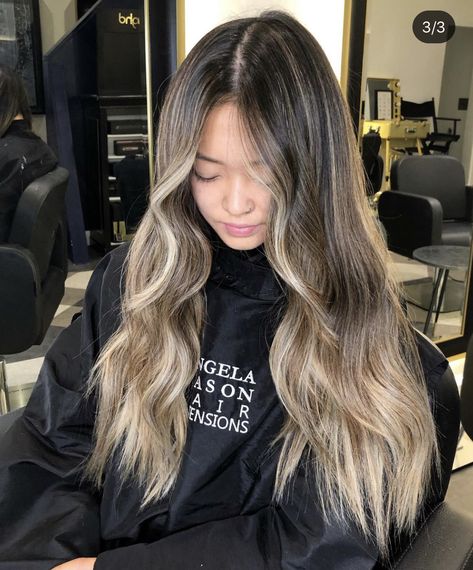 Sandy Blonde Balayage On Dark Hair, Beige Blonde On Dark Hair, Asian Blonde Highlights Balayage, Asian Money Piece Hair, Dimensional Blonde Asian Hair, Dark Shadow Root Blonde Balayage Straight Hair, Asian Balayage Ashy Blonde, Cool Toned Blonde Balayage On Dark Hair, Money Piece Balayage Asian Hair