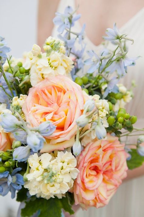 Sky Blue And Peach Wedding Theme, Simple Spring Wedding Flowers, Coral And Blue Wedding Flowers, Peach And Blue Wedding Flowers, Blue Peach Wedding, Blue Coral Weddings, Bridal Bouquet Peach, Peach Wedding Bouquet, Fifty Flowers