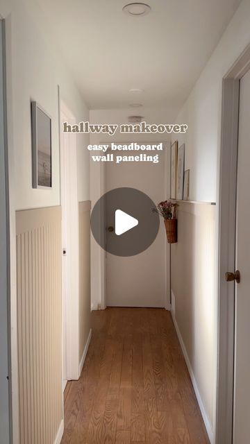 WONHAUS | home reno, diy + design on Instagram: "Hallway makeover in 20 seconds! Took off the old scuffed foamy beadboard wallpaper and replaced it with beadboard panels - still affordable AND sturdy!   Materials / tools: - beadboard panels (they come in 4x8), we got them cut in half at @ronaen so their height is 4ft  - baseboard moulding to put on the bottom and top of the panels  - used a 1x2 to create a mini shelf for one side of the hallway  - construction adhesive to attach the panels, nail gun to attach the baseboards, dap to cover the nail holes and caulk to seal between panels and baseboards!  - paint: @sherwinwilliams shiitake  - hooks: @plankhardware lennon grooved    #diyhomeimprovement #hallwaymakeover #homediy #budgetdiy" Beadboard Stairs Wall, Adding Beadboard To Walls, Beadboard Half Wall With Wallpaper, Beadboard Hallway Ideas, Bead Board Half Wall, Beadboard Trim Ideas, Modern Beadboard Walls, Modern Beadboard, Beadboard Hallway