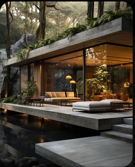 Villas Design, Tropical Modernism, Japandi House, Bali Villas, Water Architecture, Glass Houses, Amazing Houses, Concrete Architecture, Concrete Home