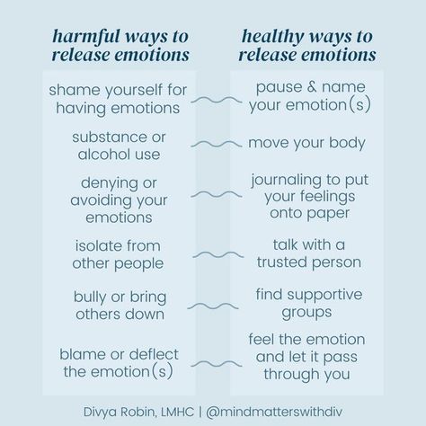 Divya Robin | Licensed Psychotherapist on Instagram: "Emotions are an inevitable part of being human and with that, many of us struggle to know "how" to release them. Without even realizing it, we may be releasing them in ways that are harmful to our long-term mental health. The reason we end up releasing emotions in an unhealthy & harmful way is that as a society, we don't talk about HOW to release emotions in a healthy way. Especially for certain populations/groups, talking about mental healt Releasing Emotions, Release Emotions, Working On Me, Mental Health Facts, Being Human, Worth Quotes, Emotional Awareness, Mental Health Support, Emotional Regulation