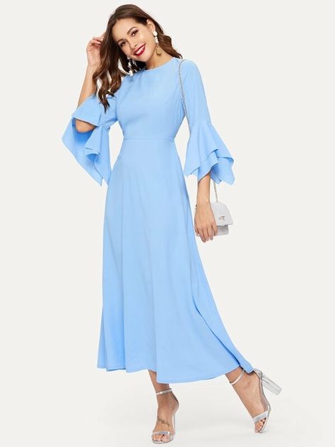 Arabian Clothing, Flounce Sleeve Dress, Formal Dresses With Sleeves, Street Dress, Printed Bodycon Dress, Round Neck Dresses, Layer Dress, Flounce Sleeve, Formal Style