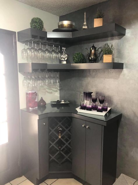 Living Room Mini Bar Ideas, Small Bars For Home Living Room, Small Kitchen Bar Ideas, Home Bar Designs Small Corner, Home Bar Ideas Small Corner, Corner Bar Ideas, Corner Home Bar, Aesthetic Coffee Bar, Coffee Bar In Kitchen