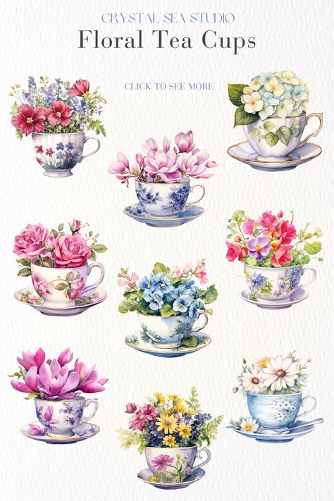 Watercolor tea cups with floral bouquets. Clip art images for sale to download instantly. Free commercial use. Tea Cup With Flowers Drawing, Teacup With Flowers Drawing, Tea Party Images, Teacup Clipart, Tea Party Stickers, Tea Party Watercolor, Teacup With Flowers, Teacup Plants, Tea Party Art