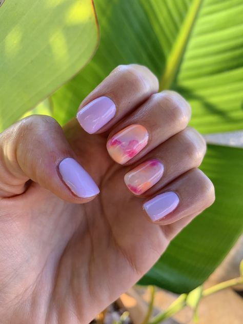 Pink-Purple-Orange Watercolor Nails Pink Orange Floral Nails, Lilac And Coral Nails, Peach Purple Nails, Coral And Lavender Nails, Peach And Lilac Nails, Orange Pink And Purple Nails, Purple And Orange Nails Summer, Short Tie Dye Nails, Pink And Purple Summer Nails