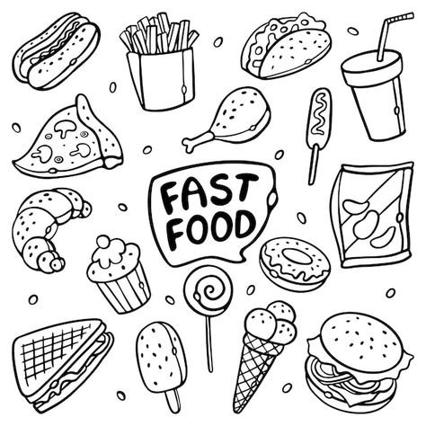 Vector fast food outline doodle cartoon ... | Premium Vector #Freepik #vector #burger-illustration #junk-food #burger #fast-food-illustration Food Outline, Burger Illustration, Illustration Outline, Food Burger, Doodle Cartoon, Food Concept, Food Illustration, Food Illustrations, Junk Food