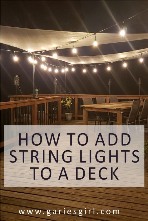 Cafe Lights On Deck, Deck Trellis, Deck Aesthetic, Deck Update, Deck Lighting Ideas, Deck String Lights, Outdoor Deck Lighting, Deck Shade, Gazebo On Deck