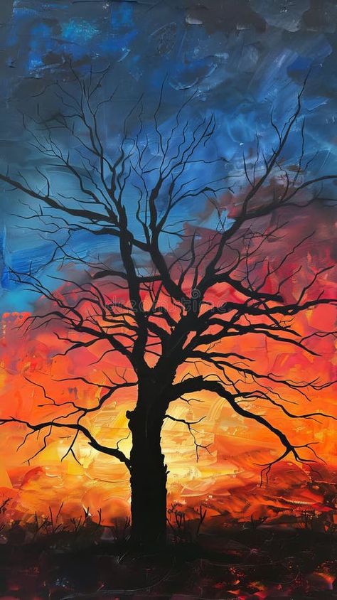 Silhouette of bare tree against colorful sunset painting stock images Tree Silhouette Painting, Fall Silhouette, Evening Painting, Colorful Sunset, Sunset Silhouette, Silhouette Painting, Bare Tree, Gourd Art, Tree Silhouette