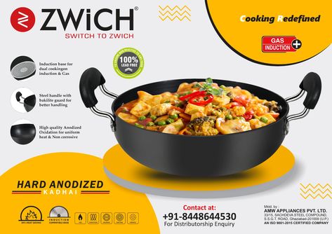 ZWICH Hard Anodized Cookware. Our Hard Anodize Kadhai is a stylish and useful addition to your kitchen.The Kadhai is made of thick good quality Aluminum Sheet which is coated with a high quality Hard Anodized Coating which can withstand high temperature. DM on What's App for Enquiry 084486 44530. Free home delivery across Delhi/NCR. #HardAnodized #kadai #kadhai #cookware #induction #cooking #utensils #kitchenutensils #kadhaipaneer #cookwaremanufacture #utensilmanufacture #cooker #pressurecooker Mixer Grinder, Induction Cooking, Social Media Advertising Design, Ads Design, Aluminum Sheet, Product Feature, Aluminium Sheet, What's App, Delhi Ncr