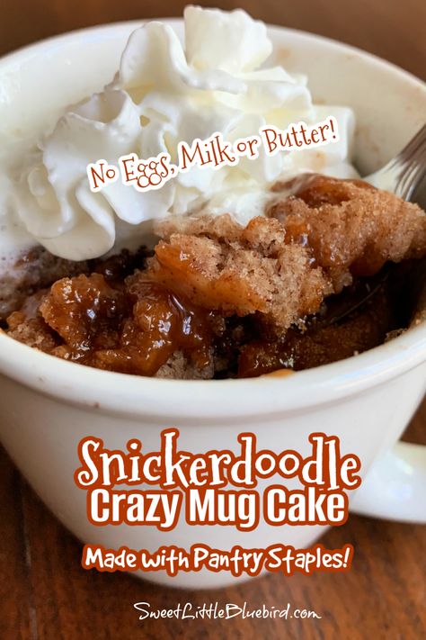 Snickerdoodle Crazy Mug Cake (No Eggs, Milk or Butter) Bisquick Mug Cake Recipes, Single Serve Cake In A Cup, Baking For One Person, 1 2 3 Cake In A Cup, One Cup Microwave Cake Mug Recipes, Mug Cake For One, Mug Cake Box Mix Recipe, Cake In A Mug No Milk, Easy One Bowl Desserts