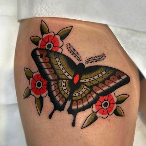 Butterfly Hand Tattoo Traditional, American Tradition Butterfly Tattoo, Traditional Butterfly And Flower Tattoo, American Style Butterfly Tattoo, Traditional Style Moth Tattoo, American Traditional Moth Tattoo Color, Traditional Wasp Tattoo, American Trad Butterfly, American Traditional Luna Moth Tattoo