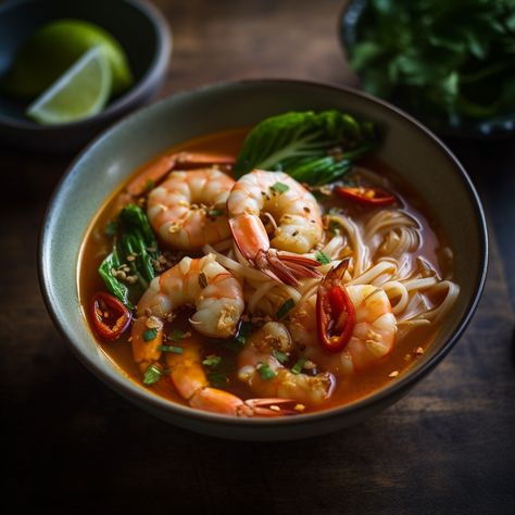 How To Make Shrimp Tom Yum Noodle Soup Print A spicy and sour Thai noodle soup with succulent shrimp. Spicy Seafood Soup, Tom Yum Noodle Soup, Pku Recipes, Thai Shrimp Soup, Tom Yum Noodles, How To Make Shrimp, Cook With Me, Noodle Soup Recipe, Tom Yum