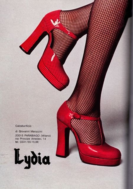 TheHistorialist: 70's | LYDIA | PARABIAGO, MILAN |fashion style vintage 70s platform shoe ad red heels ankle strap color photo print ad 70s Heels, 70s Platform Shoes, 70s Shoes, 70s Vintage Fashion, 60s 70s Fashion, Shoes Ads, Fashion 70s, 70’s Fashion, 1970s Fashion