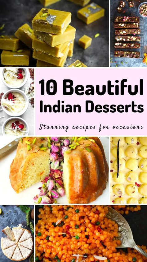 In this collection of 10 Beautiful Indian Desserts for Celebrations, you’ll discover milk sweets, gulab jamun, kheer, rasmalai and more. Incredible Indian recipes that were made for sharing. Make them for festivals, special occasions and more. Each one is hand-picked to please a crowd. Try one for Diwali, Ramadan, Rakshabandhan or for parties. Some of these Indian desserts are even perfect for gifting to friends and family. #indiandesserts #indiansweets #indianrecipes Indian Dessert Ideas, Traditional Indian Desserts, Southern Indian Recipes, India Dessert Recipes, Indian Deserts Easy, Indian Inspired Desserts, Indian Food Recipes Dessert, Diwali Recipes Sweets, Indian Deserts Sweets