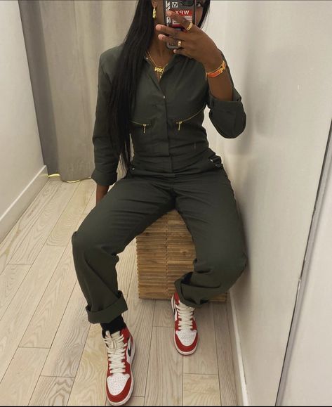 Green Jumpsuit Outfit, Army Green Jumpsuit, Jordan 1 Outfit, Jordan 1s, Green Jumpsuit, Jumpsuit Outfit, Fall Fashion Outfits, My Clothes, Jordan 1