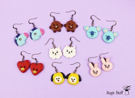 BT21 earrings BTS K-pop jewelry Kawaii earrings Tata Koya RJ Chimmy Cooky Shooky Mang Bangtang boys Bt21 Earrings, Bts Earrings, Jewelry Kawaii, Pop Jewelry, Polymer Clay Ring, Clay Keychain, Polymer Clay Flower Jewelry, Kawaii Earrings, Polymer Clay Jewelry Tutorials