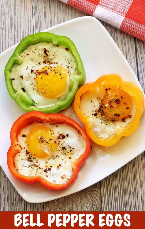 Bell pepper eggs are super tasty and so easy to make - simply fry eggs in butter inside bell pepper molds. It's a lovely way to serve eggs for breakfast or brunch. Eggs In Bell Pepper Rings, Egg Bell Pepper Breakfast, Eggs And Bell Peppers, Low Calorie Egg Recipes, Portobello Recipes, Pepper Dishes, Pepper Rings, Eggs For Breakfast, Almond Flour Pancakes