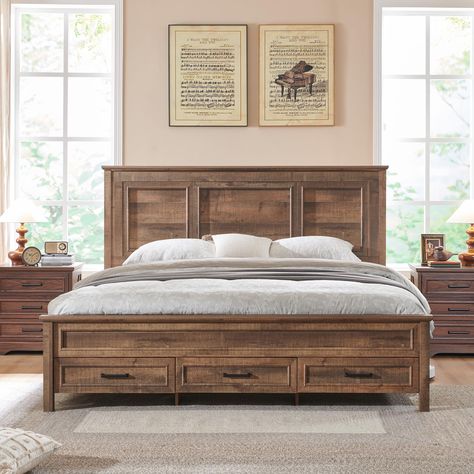 PRICES MAY VARY. Exquisite Farmhouse Character: Elevate your bedroom with this rustic-inspired king size wood panel bed frame, designed with small crown molding and artistic window framed accent, A weathered antique white finish offers a natural wood grain that matches many color palettes and decor, invoking the feel of a quaint and casual cottage escape. 52" Luxury Full-Panel Tall Headboard: This Rustic Wood king size bed frame is specially designed to provide the best comfort after a long day. Bedframe With Storage, Wooden Panel Bed, King Size Bed Master Bedrooms, King Size Bed Designs, Wood Panel Bed, Farmhouse Headboard, Headboard Wood, Queen Size Bed Frame, Small Crown