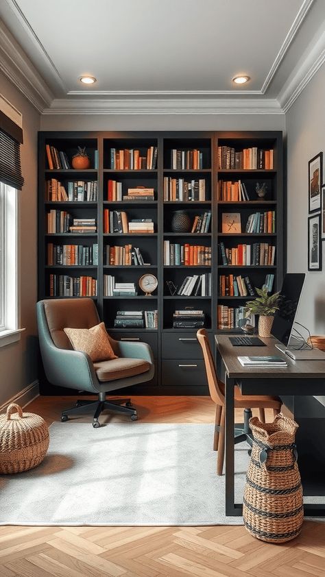 Design a masculine office featuring leather chairs, dark wood furniture, and strong, clean lines. Office Interior Design Masculine, Men Office Space, Mens Bedroom Office, Cozy Office Space With Couch, Office Ideas Moody, Office For Men Interior Design, Boss Cabin Design Office, Cozy Dark Home, Men’s Work Office Ideas