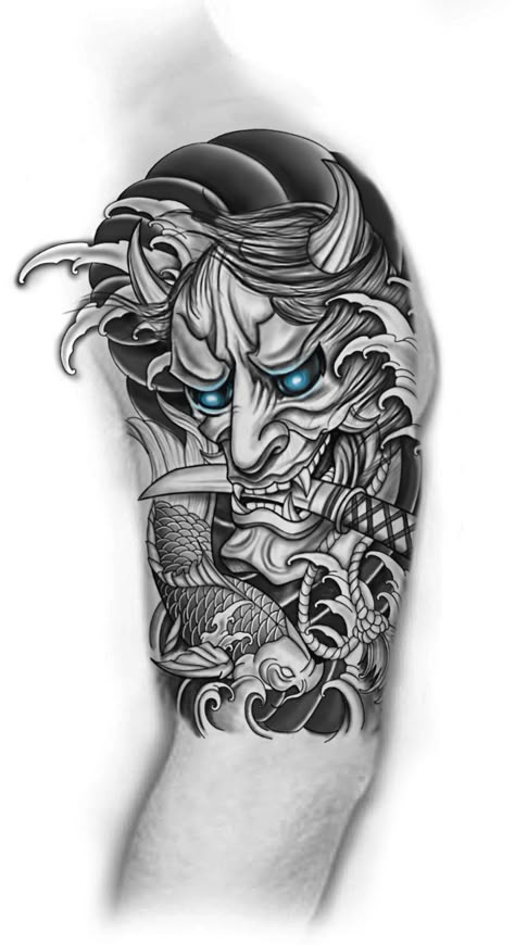 Tato Joker, 17 Tattoo, Dragon Tattoo Shoulder, Japanese Style Tattoo, Tato Phoenix, Foo Dog Tattoo Design, Japanese Mask Tattoo, 20 Tattoo, Oni Mask Tattoo