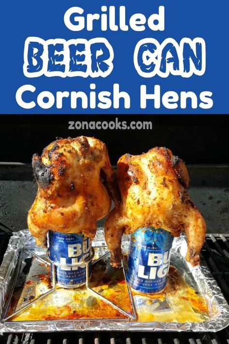 These Grilled Beer Can Cornish Hens are so flavorful and juicy! They smell and taste incredible. Just apply a sweet and savory dry rub all over the hens, prop them up on open cans of beer, and let them grill. The hens can also be roasted in the oven if the weather doesn’t cooperate for outdoor grilling. They are easy to prepare and make a fun lunch, dinner, or date night meal for two. #CornishHens #GameHens #hens #poultry #DinnerForTwo #LunchForTwo #grilled #roasted Smoked Cornish Hens, Grilled Cornish Hens, Cornish Game Hen Recipes, Roasted Cornish Hen, Cornish Hen Recipe, Cornish Game Hen, Meal For Two, Easy Grilling Recipes, Game Hen