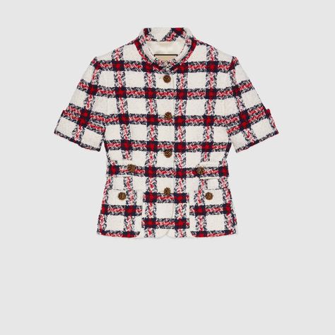 Shop the Check tweed short sleeves jacket in white at GUCCI.COM. Enjoy Free Shipping and Complimentary Gift Wrapping. Barbie Sewing, Luxury Activewear, Tweed Shorts, Gucci Outfits, Short Sleeve Jacket, Tweed Skirt, Black Trim, Tweed Jacket, Blazers For Women