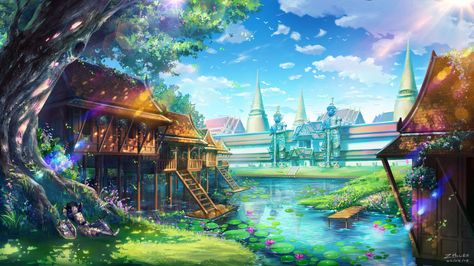 Background art for Wonderworks <mobile game> FB Page> www.facebook.com/zhoweearts/?f… Yuumei Art, Anime Places, Fantasy Background, Scenery Background, Fantasy City, Fantasy Places, Landscape Scenery, Fantasy Art Landscapes, Fantasy Concept Art