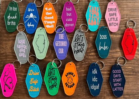 Retro Style Keychains -hard plastic keychain -vinyl lettering -various options for design  These are great last minute & small gift ideas! In popular demand as well!  If you don't see one you like please message me and I can see what I can do! Hotel Room Keychain, Retro Motel Keychain Ideas, Plastic Keychain Ideas, Vinyl Projects Ideas, Vinyl Keychain Ideas, Hotel Keychain Ideas, Hotel Keychain Design, Cricut Keychain Ideas, Motel Keychain Ideas