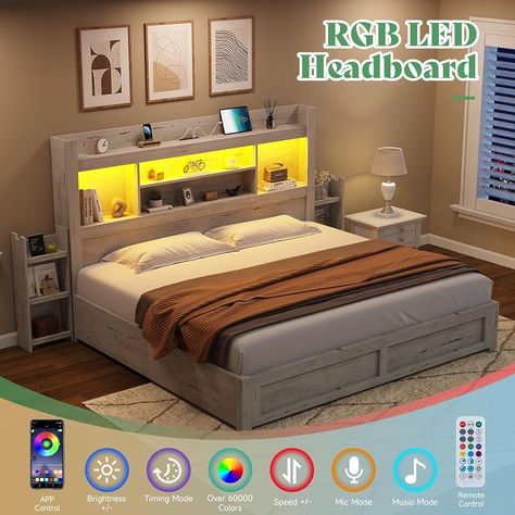 Amazon.com: AMERLIFE King Bed Frame with 4 Storage Drawers, LED Bed Frame with 49.6" Tall Bookcase Headboard, Wood Platform Bed with Charging Station & 2 Slide Bedside Shelf, No Box Spring Needed/Distressed White : Home & Kitchen Headboard Wood, Led Bed, Bedside Shelf, Led Beds, Tall Bookcase, Led Bed Frame, Bookcase Headboard, Tall Bookcases, Dark Home Decor