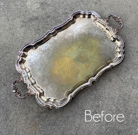 Silver Tray Decor, Tray Makeover, Thrift Store Makeover, Silver Platters, Thrift Store Crafts, Silver Trays, Metal Tray, Diy Makeover, Trash To Treasure