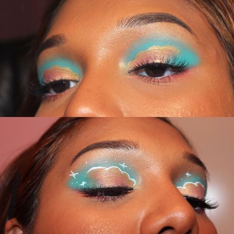 Creative Blue Eye Makeup, Cool Eyeshadow Looks Creative, Cloud Eyeliner, Cute Eye Looks, Cloud Eye Makeup, Dnd Makeup, Makeup Challenge Ideas, Blue Eye Looks, Cloud Eyeshadow