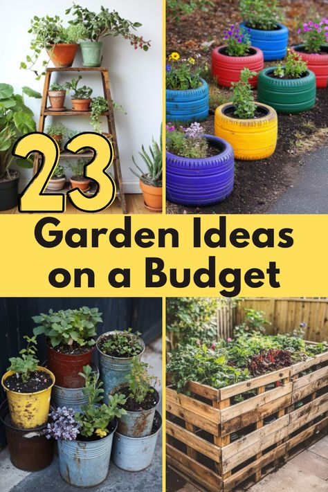 Looking for affordable ways to upgrade your garden? Discover 23 creative and budget-friendly garden ideas, from DIY projects to upcycled planters, and start transforming your outdoor space today! #BudgetGardening #DIYGardenIdeas #GardeningOnABudget #UpcycledGarden #AffordableGardening Easy Garden Ideas On A Budget Landscapes, Diy Recycled Garden Ideas, Easy Flower Garden Ideas On A Budget, Diy Garden Containers Homemade, Garden Budget Ideas, Diy Flower Garden Ideas On A Budget, Garden Decor Ideas Diy Creative, Garden Planter Ideas Diy, Ideas For Gardens Diy Projects