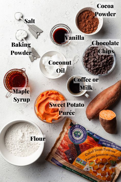 A white counter with labelled and measured ingredients in small clear glass bowls for making vegan sweet potato brownies. Sweet Potato Brownies Nut Free, Sweet Potato Dessert Vegan, Sweet Potatoes Cookies, Vegan Sweet Potato Brownies, Healthier Desserts Clean Eating, Brownies Healthy, Sweet Potato Dessert, Sweet Potato Cookies, Potato Brownies