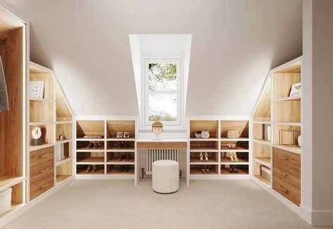 Fitted under eaves wardrobe storage space, built in eaves cupboards London Dressing Room Eaves, Attic Walk In Closet, Loft Conversion Dressing Room, Loft Conversion Wardrobes, Wardrobe Behind Bed, Loft Wardrobe, Under Eaves Storage, Loft Room Ideas, Attic Bedroom Storage