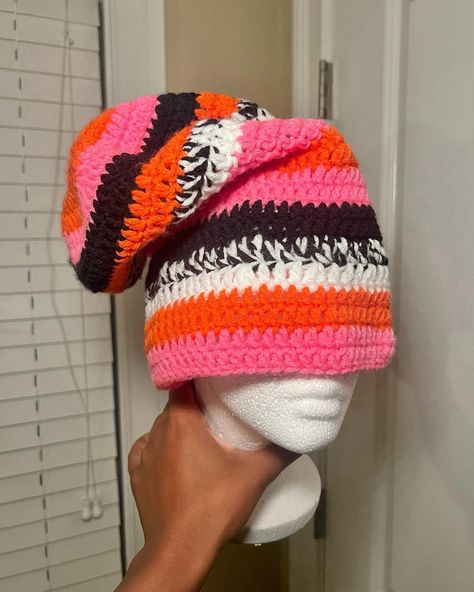 First slouchy beanie! 🤩 Order your custom by DM’ing me or pressing the “Contact” button in bio! 🩷🧡🖤 Follow @kendalltaidesign for more. #crochet #crochetbeanie #crochethat #crochetslouchybeanie #crochetinspo #crochetinspiration #crochetersofinstagram Crochet Slouchy Hat Free Pattern Woman Slouch Beanie, Slouchy Crochet Beanie, Crochet Girlies, Crochet Slouchy Hat Free Pattern, Crocheted Outfits, Bob Crochet, Crochet Slouch Beanie, Crochet Slouchy Beanie, Dread Wraps