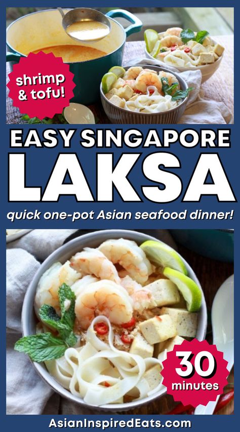 a bowl of noodles, broth, tofu, shrimp and herbs Singapore Laksa Recipe, Singapore Laksa, Laksa Recipe, Curry Broth, Asian Seafood, Coconut Curry Shrimp, Deep Fried Tofu, Seafood Dinner Recipes, Asian Recipe