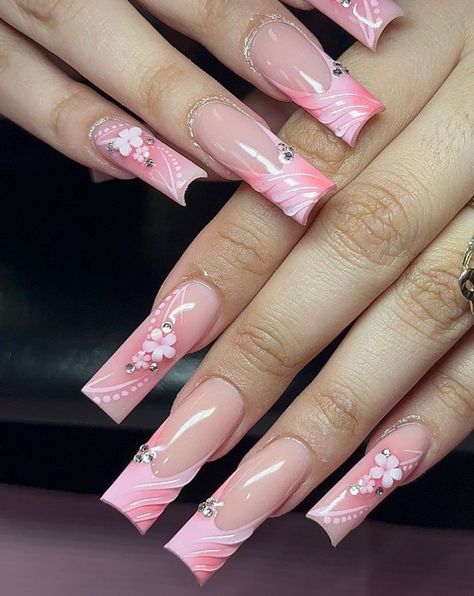 Girly Acrylic Nails, Blush Nails, Bling Acrylic Nails, Spring Nail Art, Pink Acrylic Nails, Spring Nail, Square Acrylic Nails, Coffin Nails Designs, Pretty Acrylic Nails